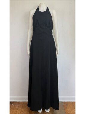 Vintage Black Halter Wrap Dress Size XS 1960s Poly Knit Maxi